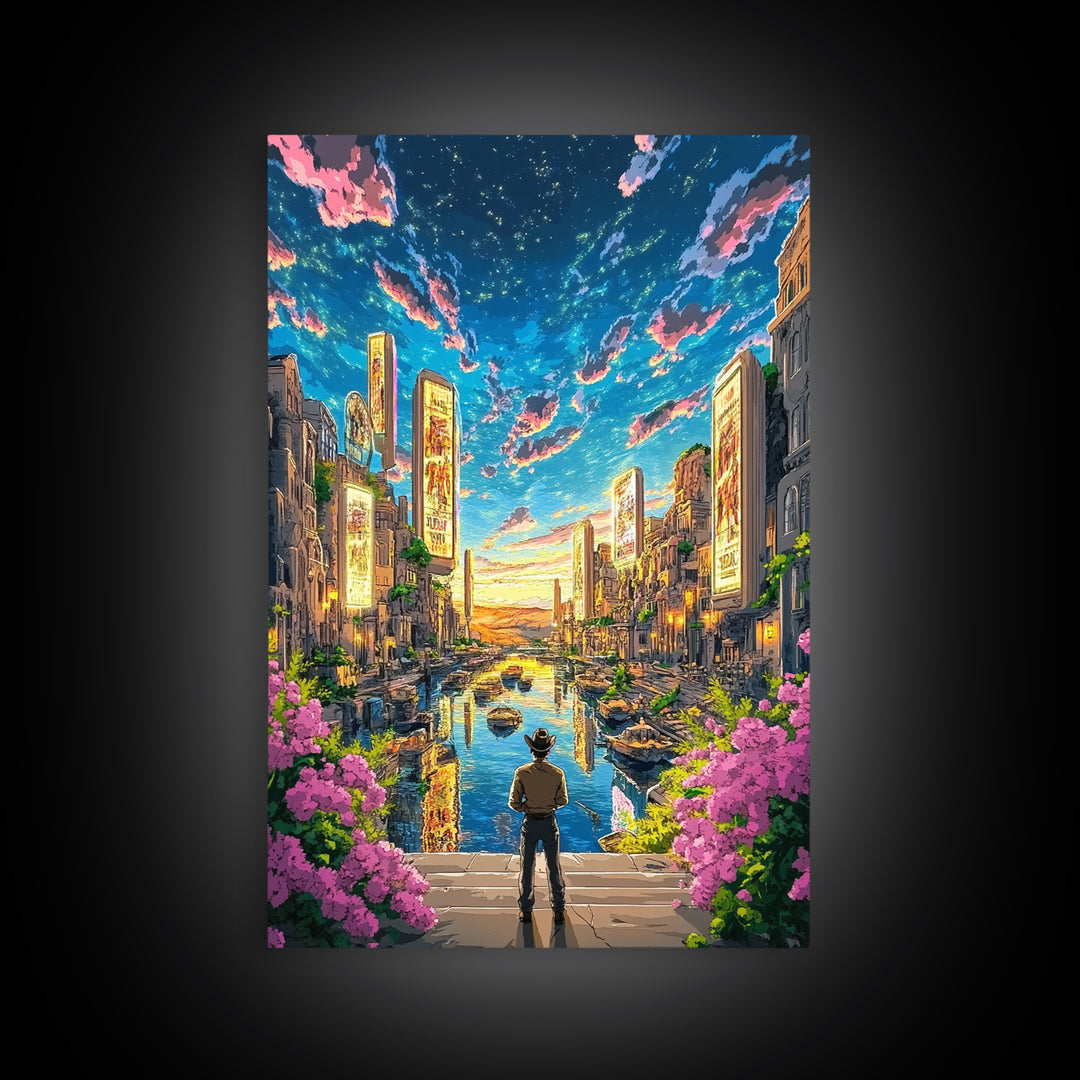 Cowboy Overlooking Neon Canal City At Dusk Wall Art, Futuristic Western Travel Poster, Colorful Urban Home Decor, Living Room Art