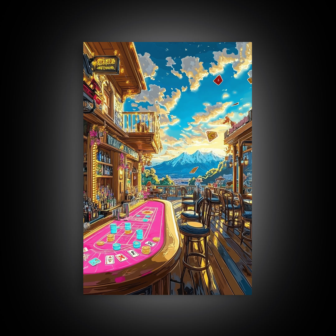 Mountain Casino Bar With Poker Table Canvas Print, Game Room Wall Art, Speakeasy Decor, Home Bar Decor, Man Cave Gift For Him