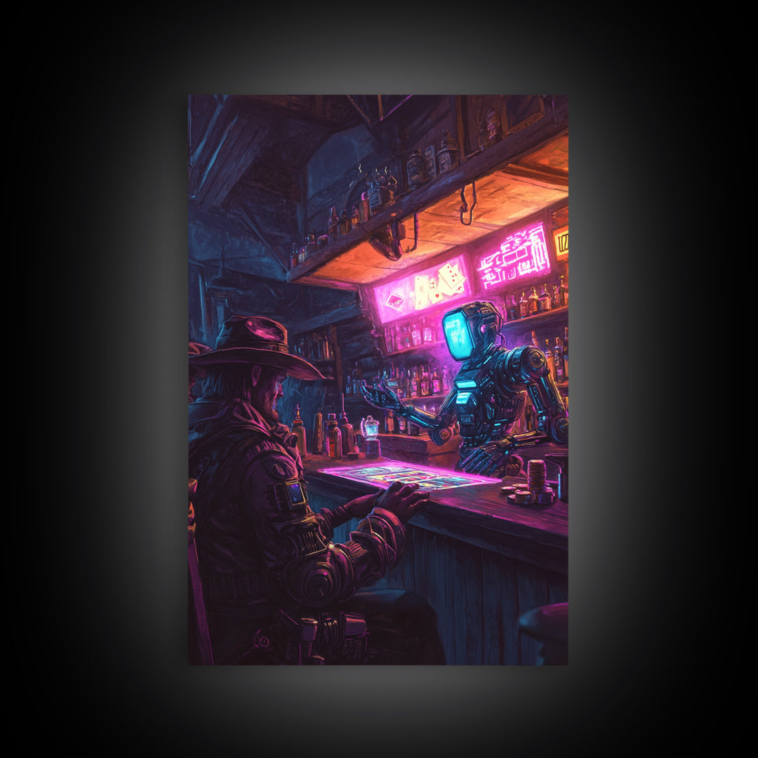 Neon Robot Bartender And Cyber Cowboy Saloon Wall Art, Futuristic Western Canvas Print, Sci Fi Bar Decor, Man Cave Gift Idea