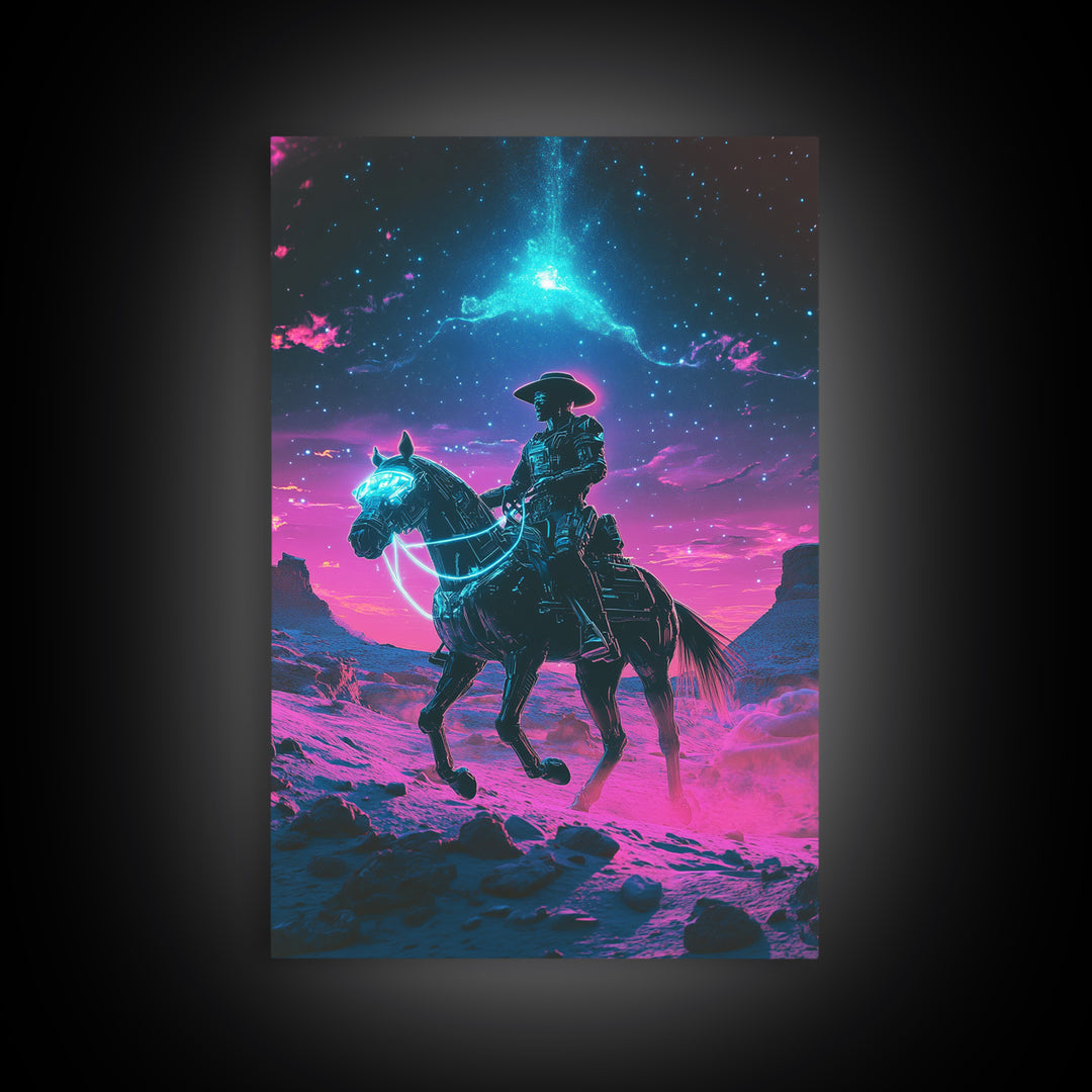 Neon Cosmic Cowboy On Glowing Horse Wall Art, Futuristic Western Desert Canvas Print, Sci Fi Space Decor For Gamers Gift