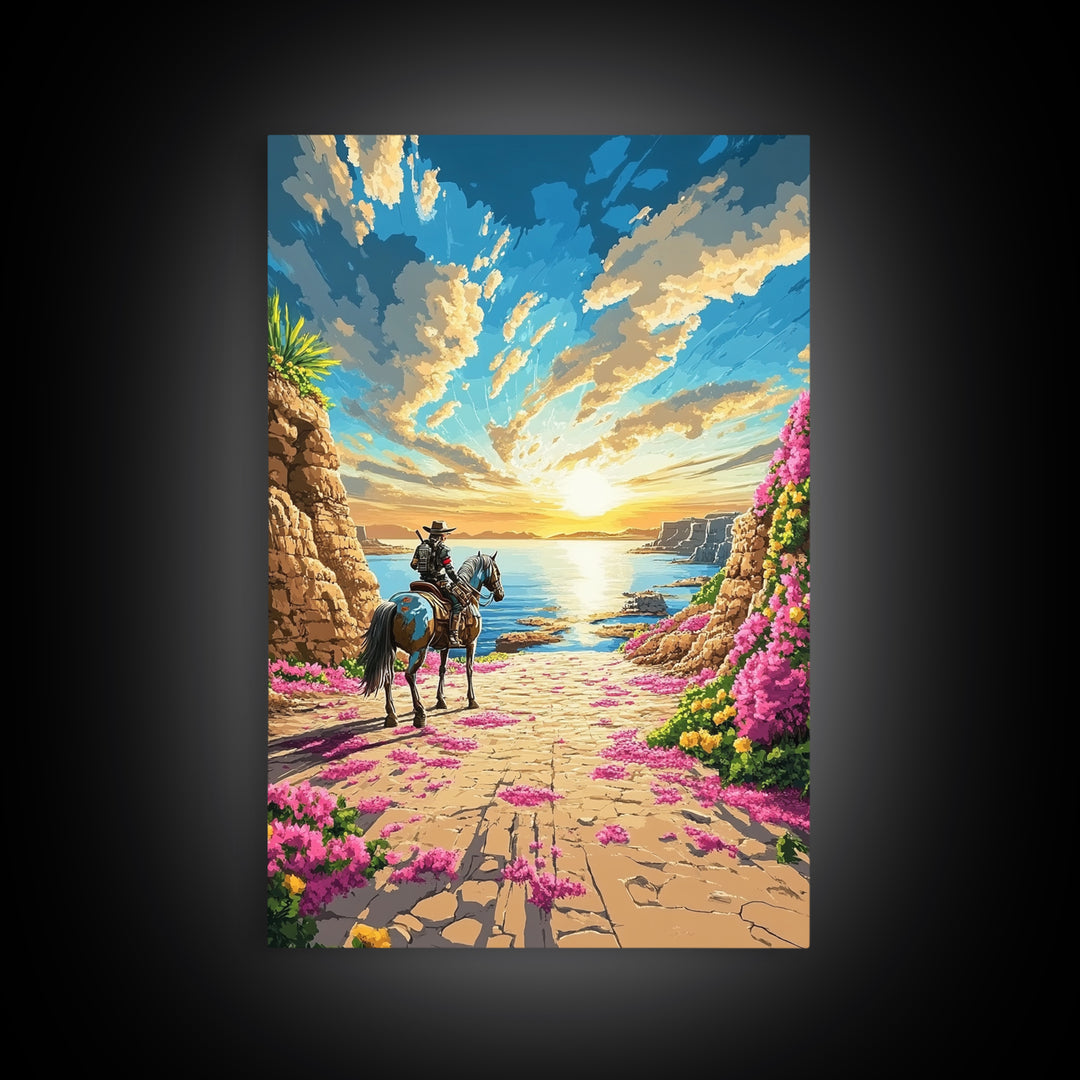 Western Rider On Coastal Flower Path Wall Art, Sunset Seascape Landscape Framed Canvas Print, Beach House Decor Gift Idea