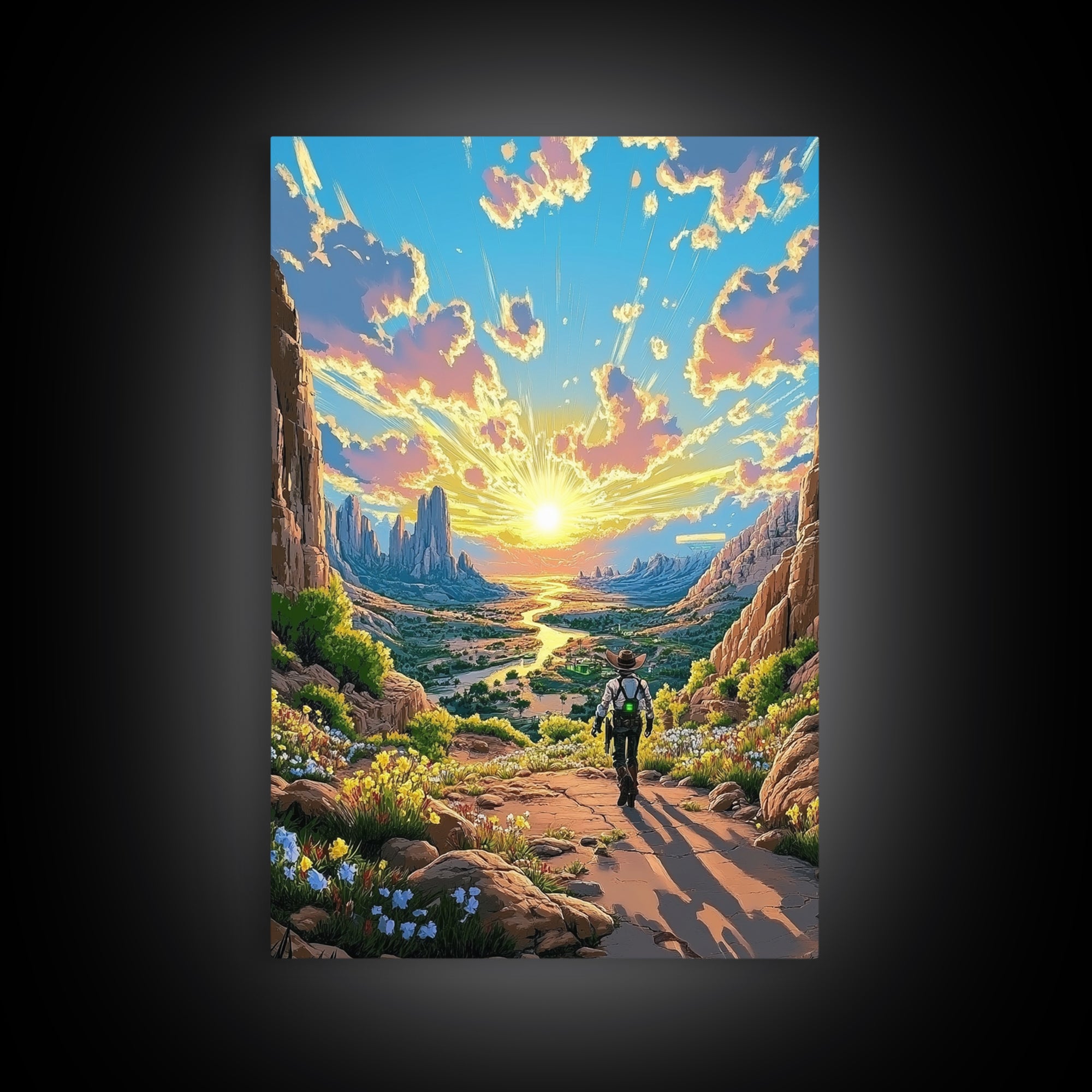 Lone Cowboy Walking Through Blooming Canyon Wall Art, Western Desert Landscape Canvas Print, Southwest Home Decor Gift For Him