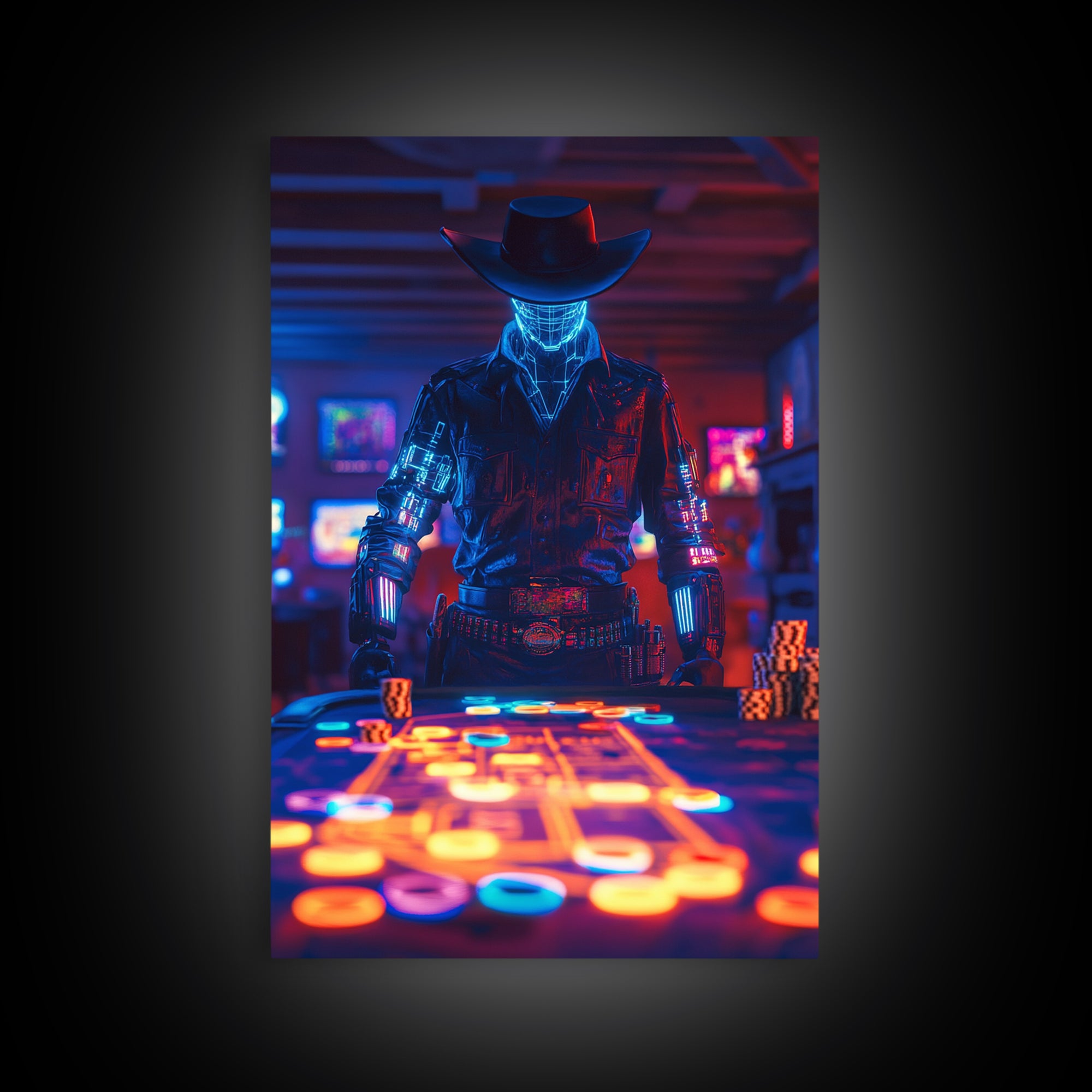 Glowing Robot Cowboy At Neon Poker Table Wall Art, Futuristic Casino Canvas Print, Gaming Room Man Cave Decor Gift For Him