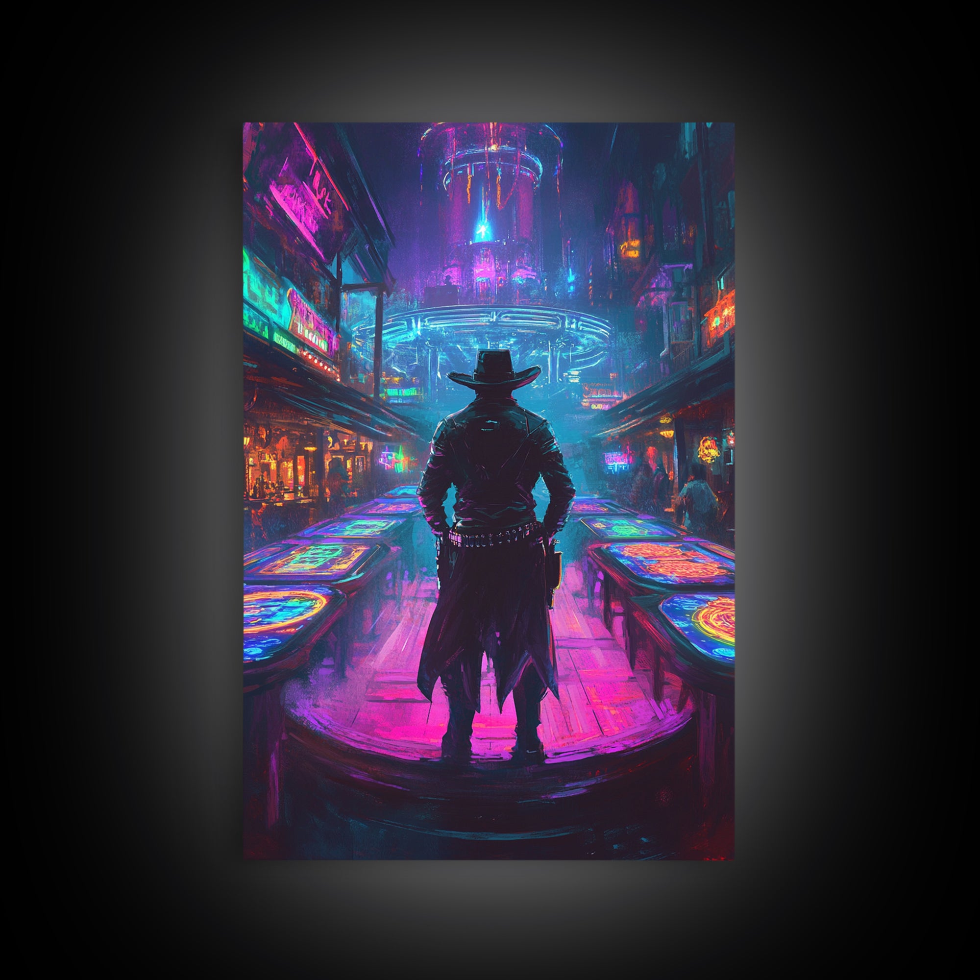 Cyber Cowboy In Neon Futuristic City Wall Art, Dystopian Western Street Canvas Print, Sci Fi Gaming Room Decor Gift For Him