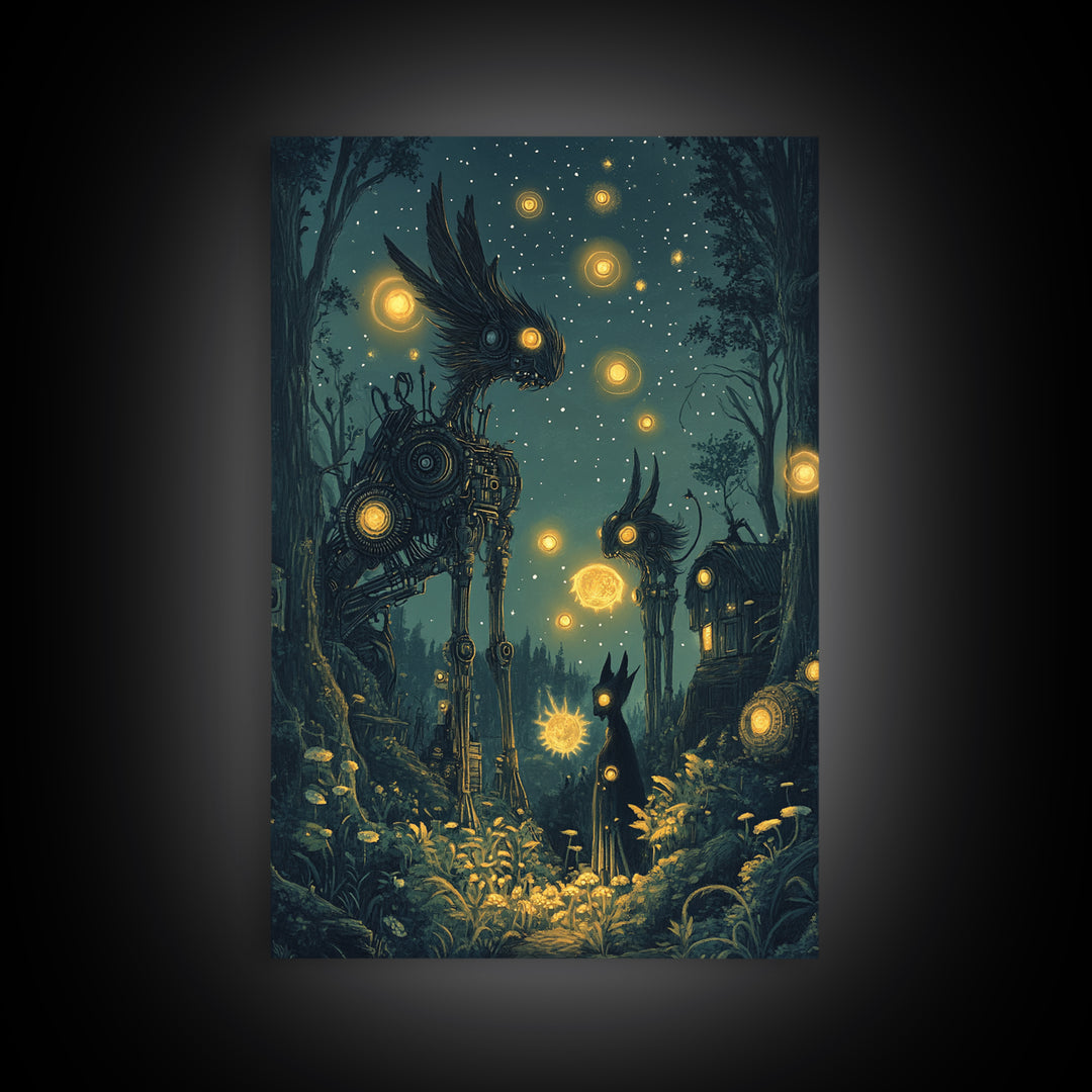 Glowing Mechanical Forest Creatures Wall Art, Dark Fantasy Art, Whimsical Animal Art, Celestial Decor, Unique Home Decor