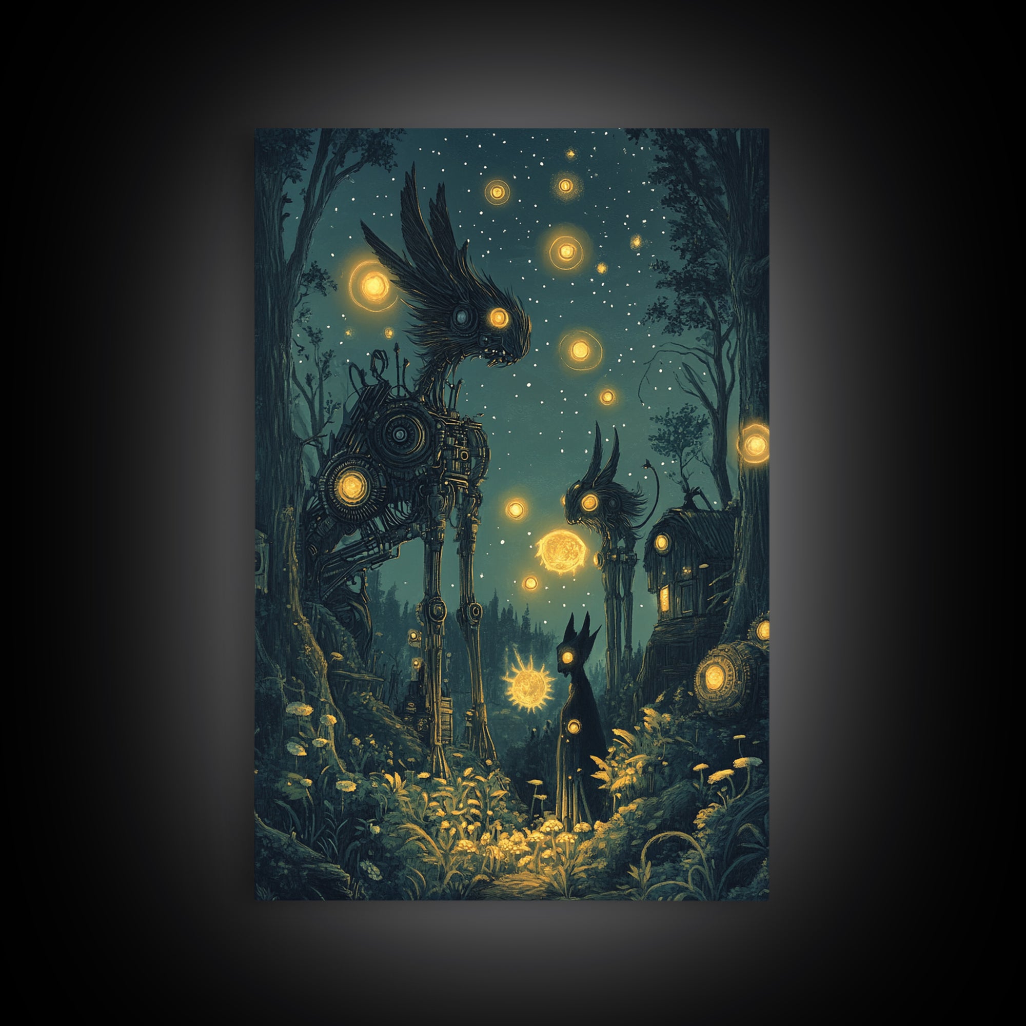 Glowing Mechanical Forest Creatures Wall Art, Dark Fantasy Art, Whimsical Animal Art, Celestial Decor, Unique Home Decor
