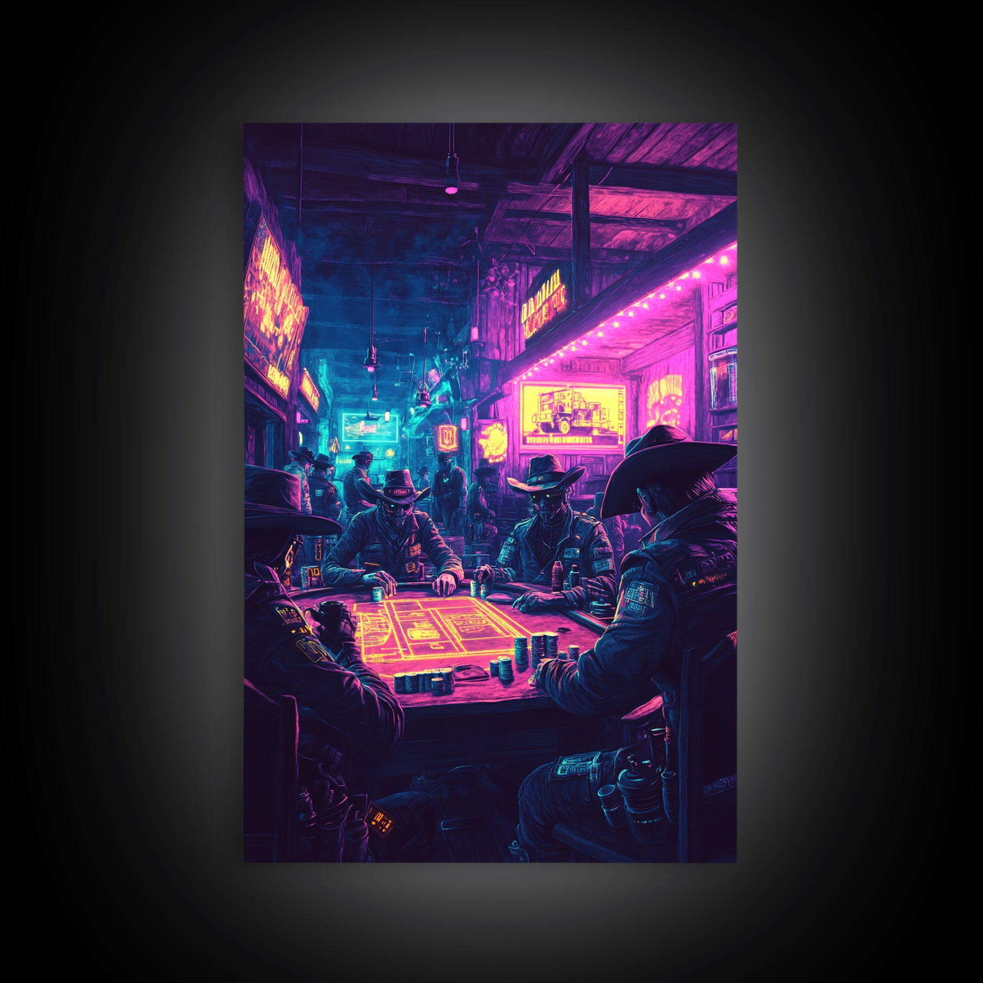Neon Cyberpunk Cowboy Poker Wall Art, Futuristic Western Decor, Gaming Room Art, Man Cave Decor, Sci Fi Canvas Print, Gift For Him