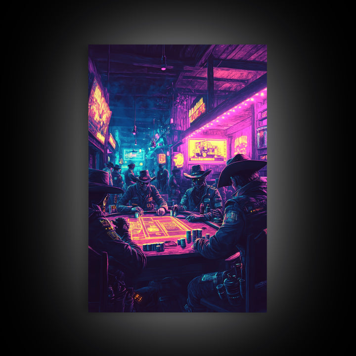 Neon Cyberpunk Cowboy Poker Wall Art, Futuristic Western Decor, Gaming Room Art, Man Cave Decor, Sci Fi Canvas Print, Gift For Him
