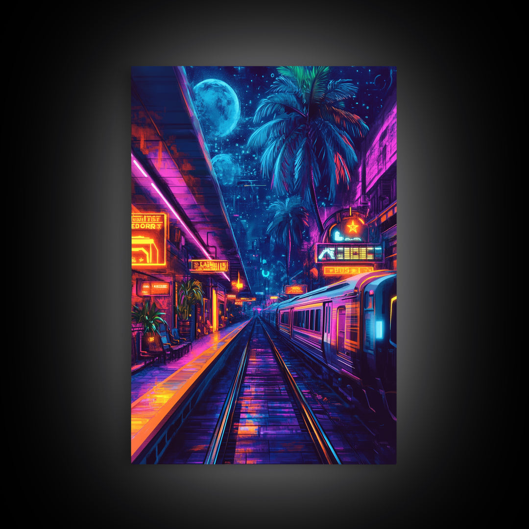 Neon Tropical Cyberpunk Train Wall Art, Futuristic Cityscape Art, Vaporwave Decor, Gaming Room Art, Large Sci Fi Canvas Print