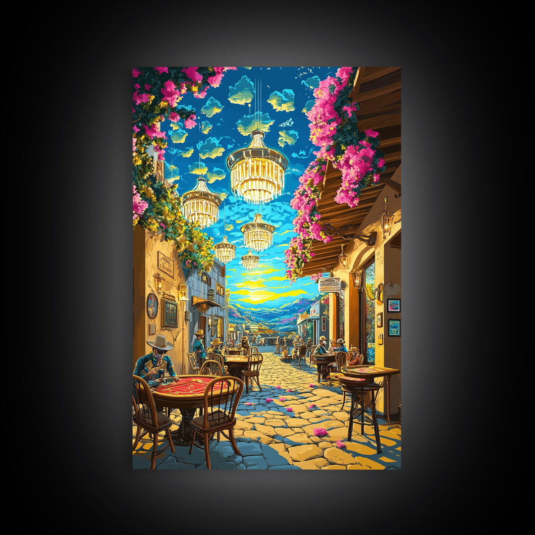 Chandelier Lit Mediterranean Cafe Wall Art, Colorful Travel Poster, Coastal Decor, Dining Room Print, Framed Canvas Print