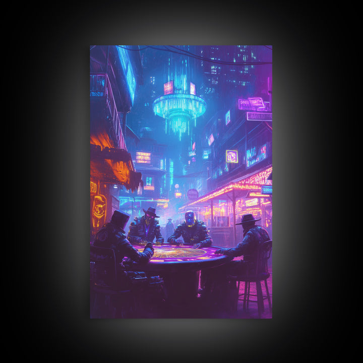 Cyberpunk Poker Table Under Neon Wall Art, Futuristic City Decor, Sci Fi Poster, Gaming Room Art, Man Cave Decor, Large Canvas Print