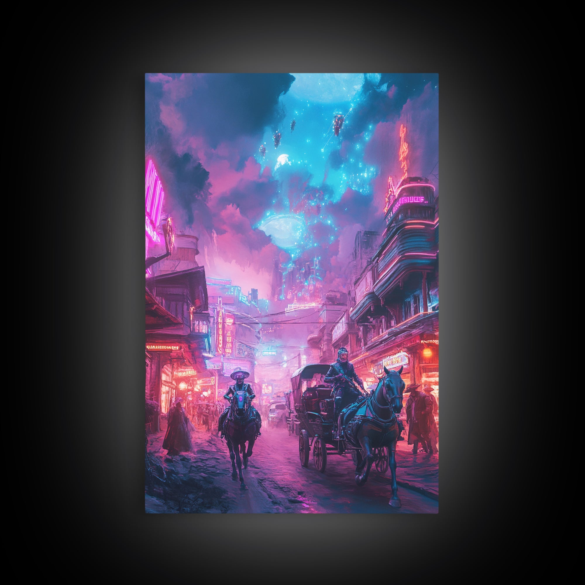 Neon Cyberpunk Horseback City Under Cosmic Sky Wall Art, Futuristic Sci Fi Poster, Gaming Room Decor, Vaporwave Home Decor