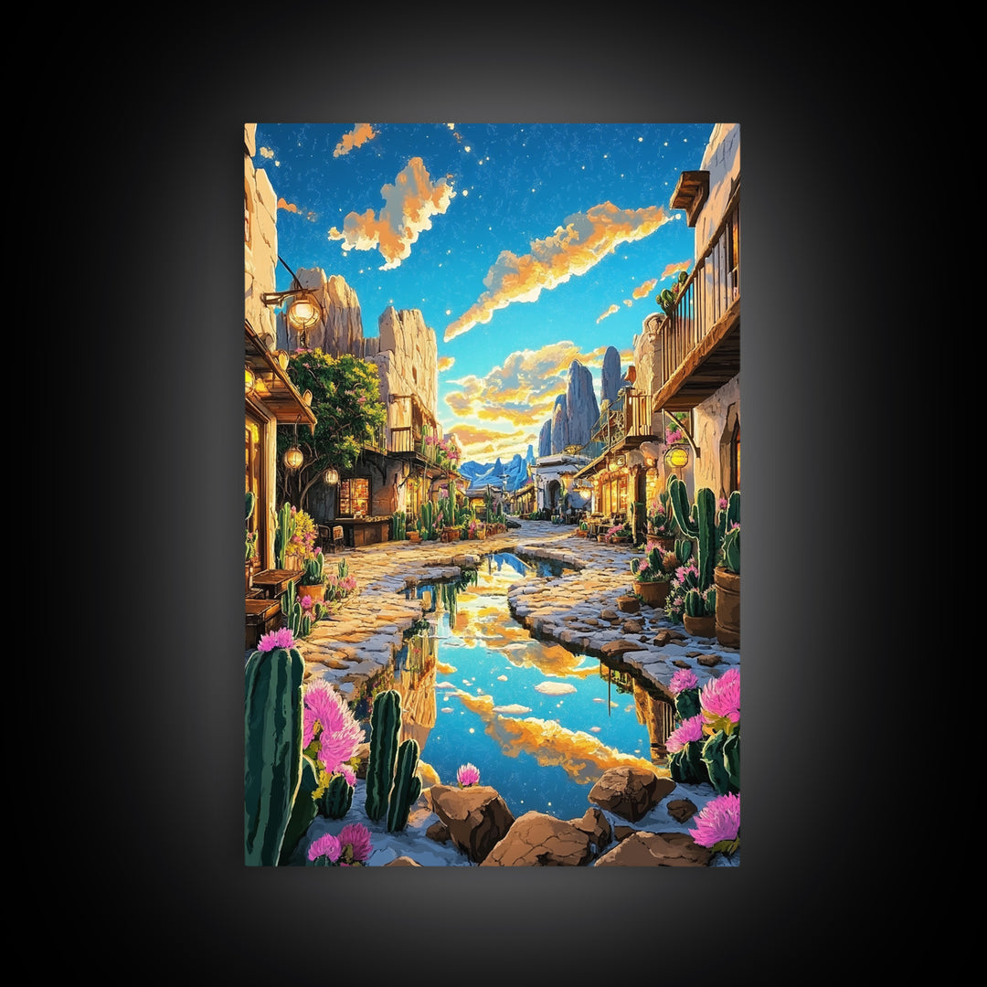 Sunlit Desert Village Street With Cactus And Mountains Canvas Print, Southwestern Wall Art, Boho Home Decor, Travel Poster