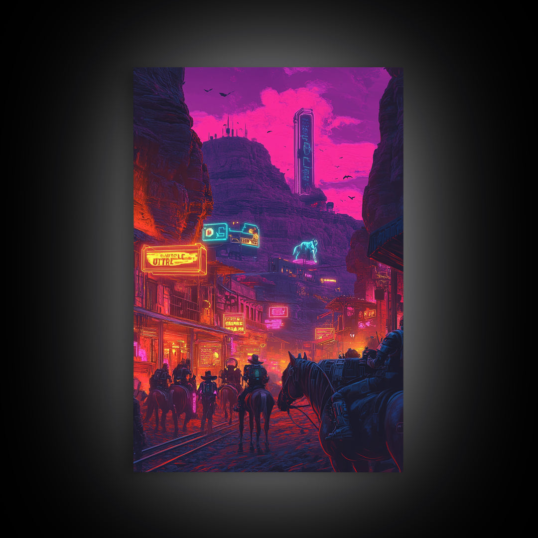 Neon Western Canyon Town With Cowboys Framed Canvas Print, Cyberpunk Wall Art, Futuristic Decor, Gaming Room Poster, Sci Fi Home Decor