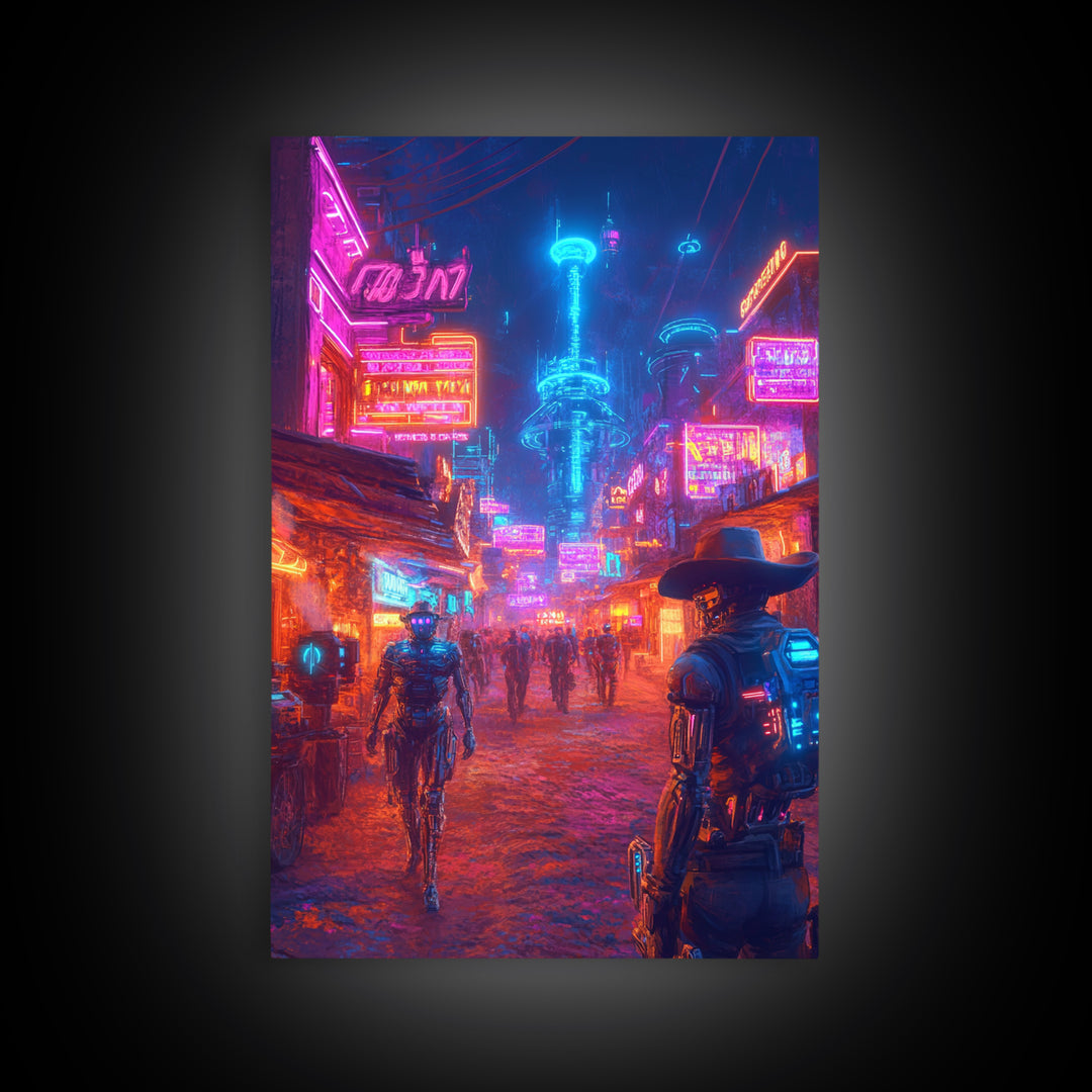 Neon Cyberpunk Cowboy And Robot City Canvas Print, Futuristic Wall Art, Sci Fi Poster, Gaming Room Decor, Vaporwave Gift