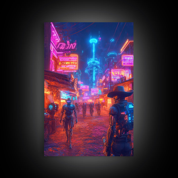Neon Cyberpunk Cowboy And Robot City Canvas Print, Futuristic Wall Art, Sci Fi Poster, Gaming Room Decor, Vaporwave Gift