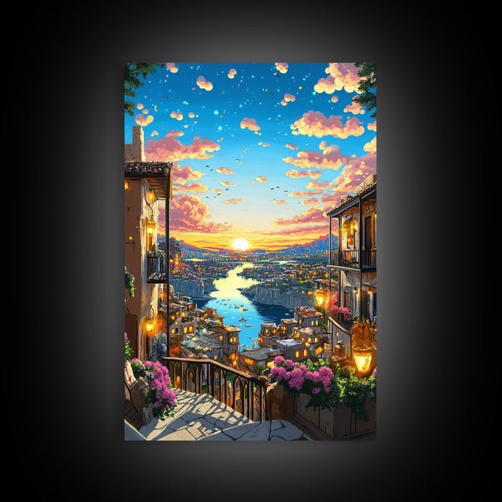 Romantic Sunset River City Balcony With Flowers Wall Art, Mediterranean Travel Poster, Coastal Home Decor, Colorful Art Print