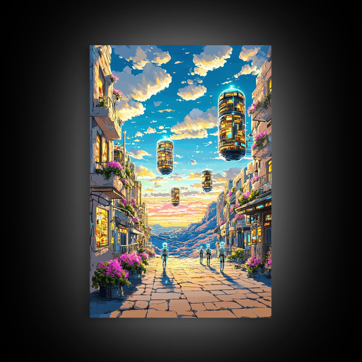 Floating Futuristic City Street With Sky Pods Canvas Print, Sci Fi Wall Art, Cyberpunk Decor, Modern Travel Poster Gift For Him