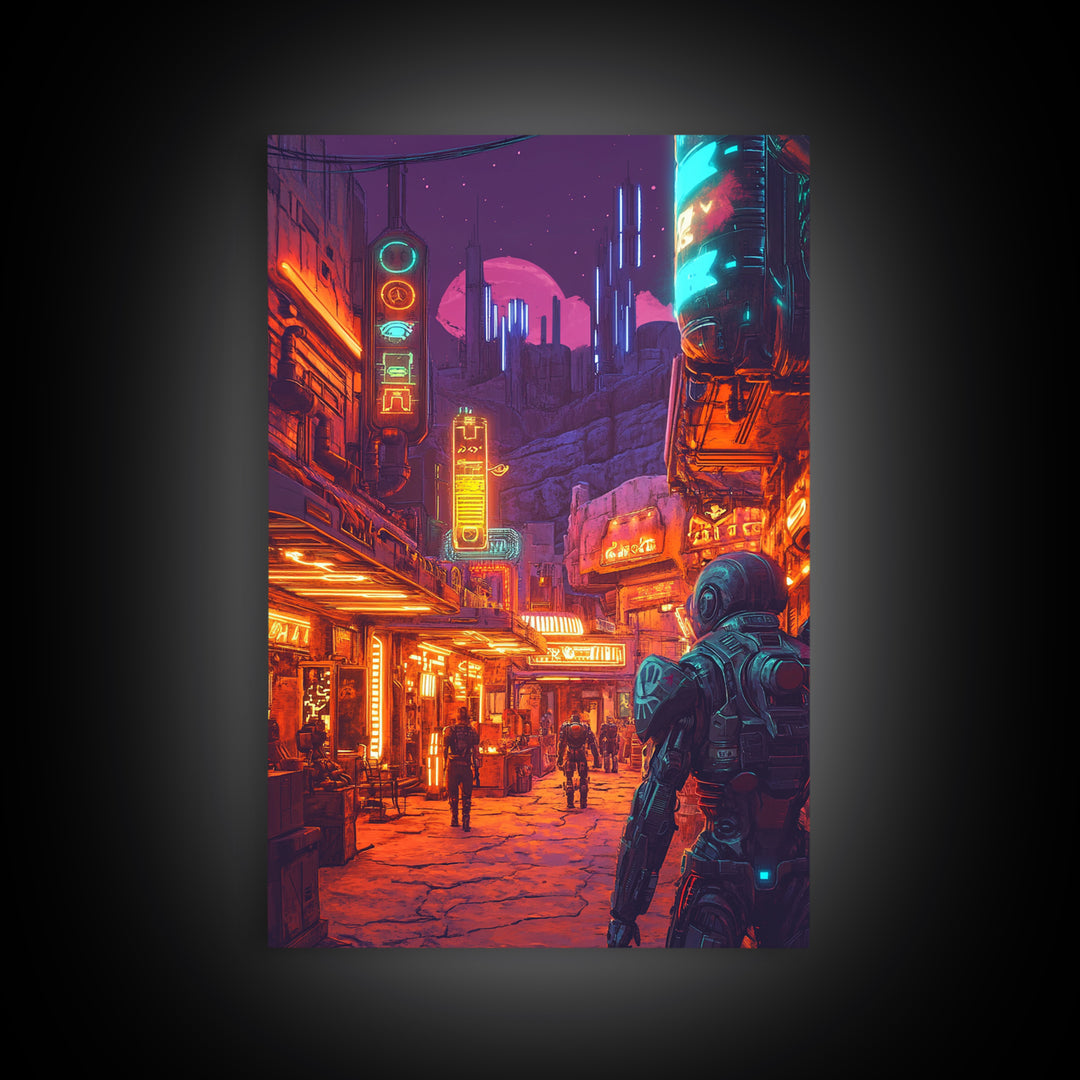 Neon Spaceport Street With Astronaut And Moon Wall Art, Cyberpunk Sci Fi Poster, Gaming Room Decor, Futuristic Canvas Art