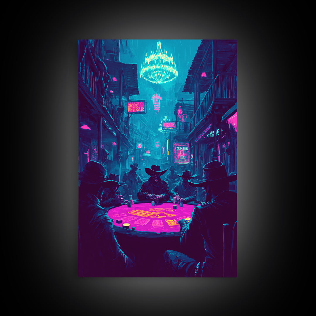 Neon Cyberpunk Poker Game With Cowboys Framed Canvas Print, Western Wall Art, Man Cave Decor, Gaming Room Poster Gift For Him