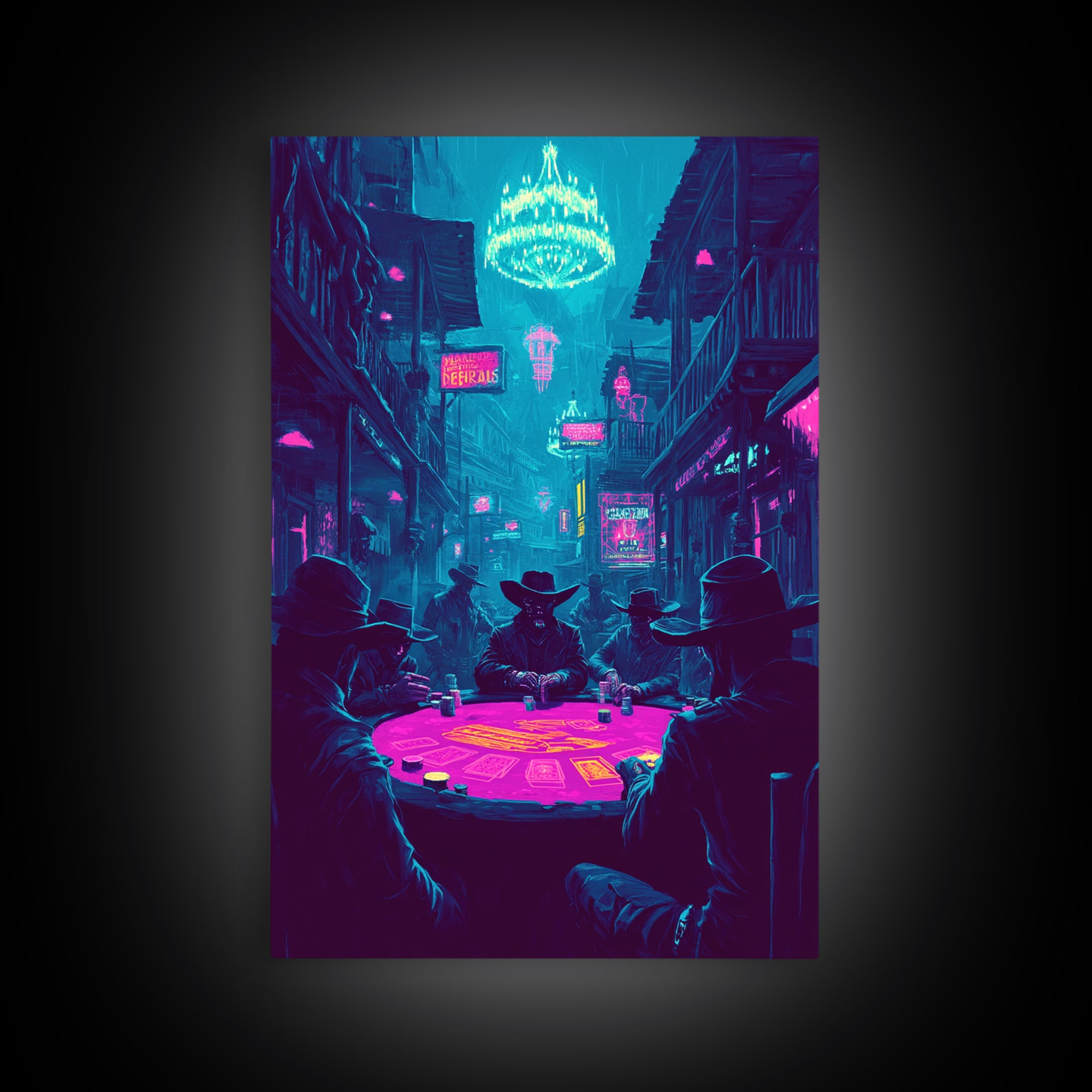 Neon Cyberpunk Poker Game With Cowboys Framed Canvas Print, Western Wall Art, Man Cave Decor, Gaming Room Poster Gift For Him