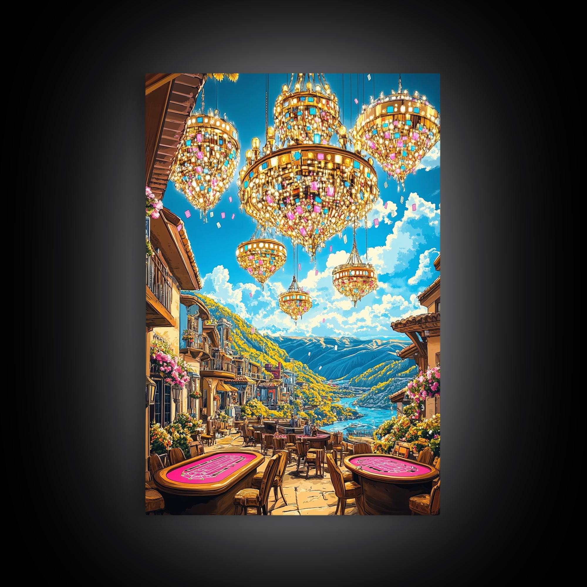 Jeweled Chandeliers Over Alpine Village Canvas Print, Whimsical Mountain Wall Art, Maximalist Luxury Home Decor, Statement Artwork