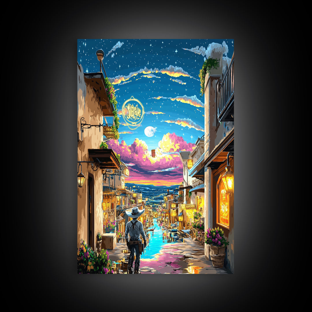 Moonlit Cowboy Canal Street Canvas Print, Western Wall Art, Neon Cityscape, Whimsical Travel Poster, Gift For Him, Living Room Decor