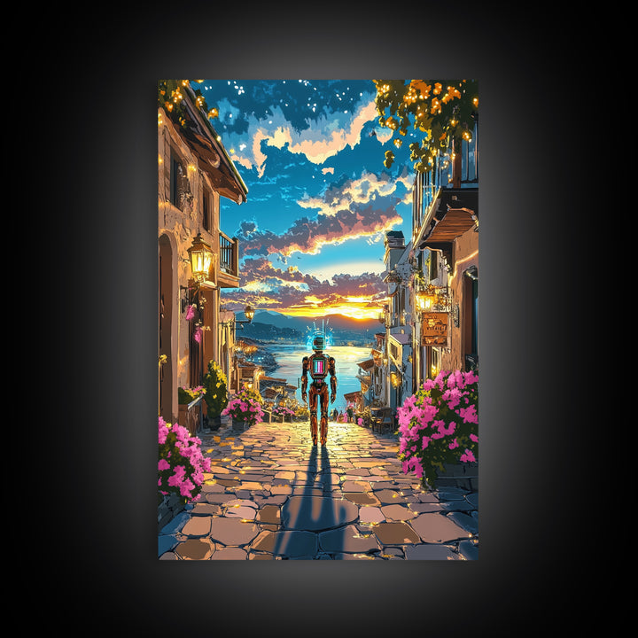 Astronaut In Sunset Coastal Village Framed Canvas Print, Sci Fi Wall Art, Futuristic Seascape, Gaming Room Decor, Unique Gift