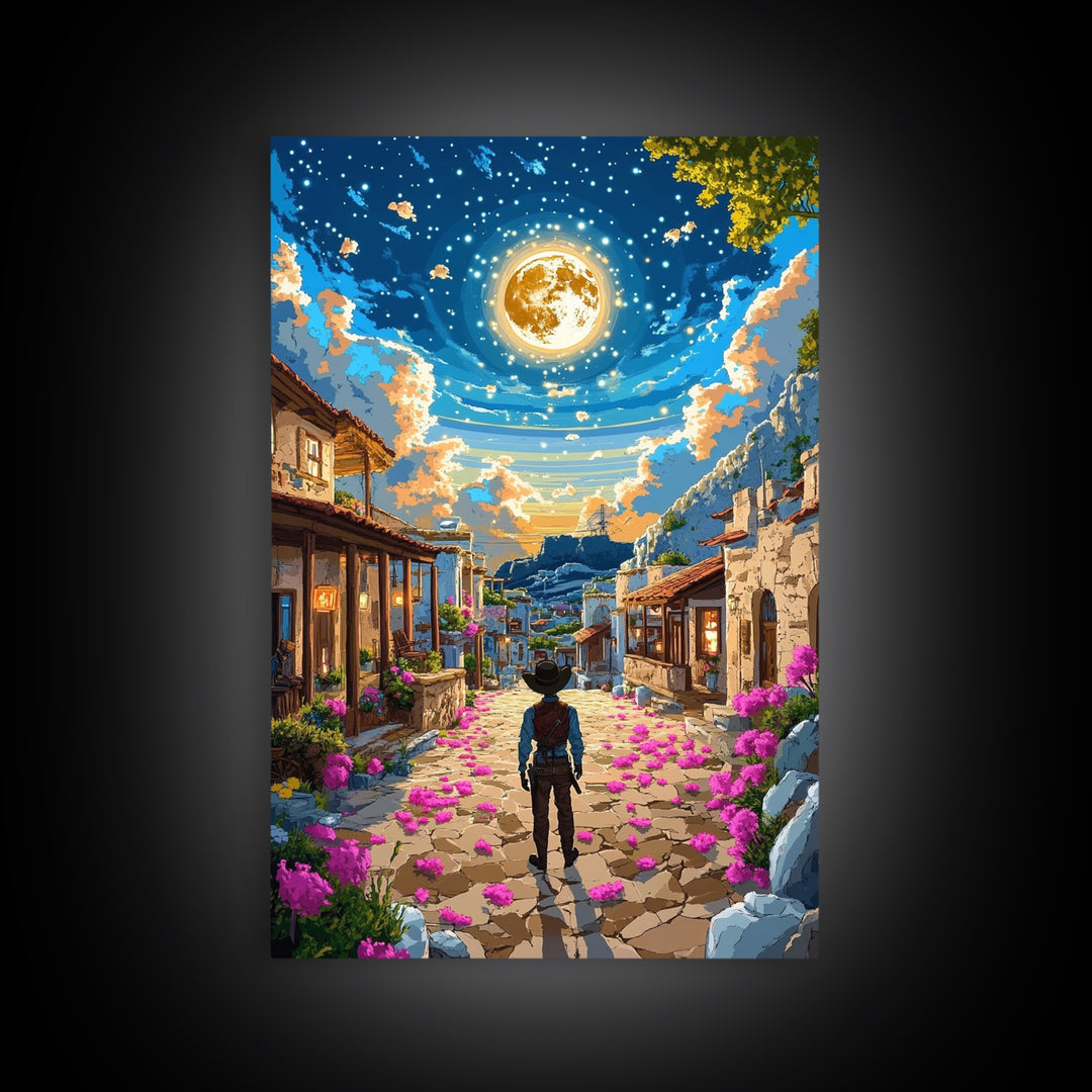 Golden Full Moon Village Path Canvas Print, Celestial Wall Art, Mediterranean Night Sky, Whimsical Bedroom Decor, Moon Art Print