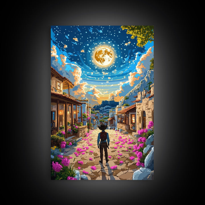 Golden Full Moon Village Path Canvas Print, Celestial Wall Art, Mediterranean Night Sky, Whimsical Bedroom Decor, Moon Art Print