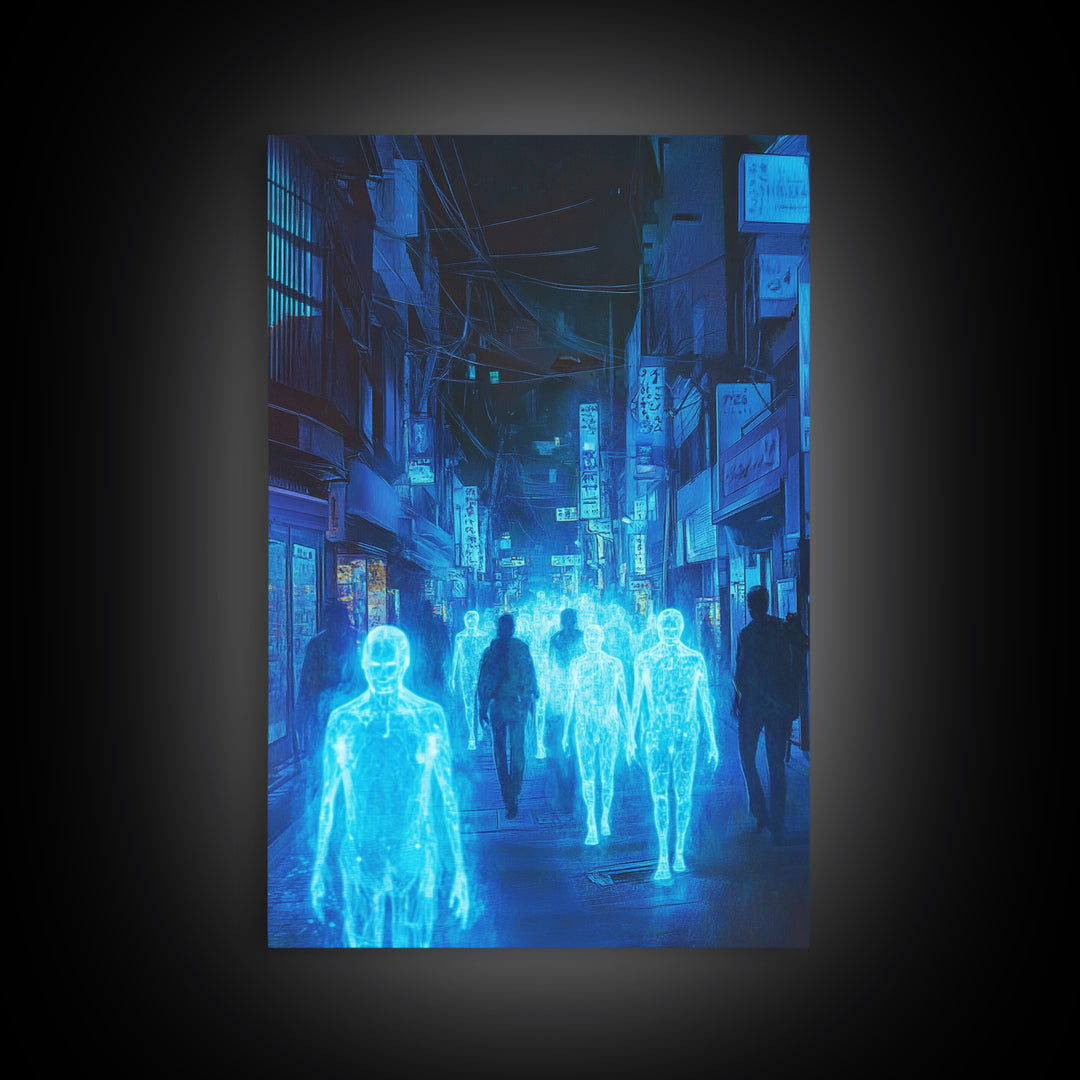 Blue Hologram Figures In Cyberpunk Alley Framed Canvas Print, Neon Wall Art, Sci Fi Cityscape, Gaming Room Decor, Futuristic Decor