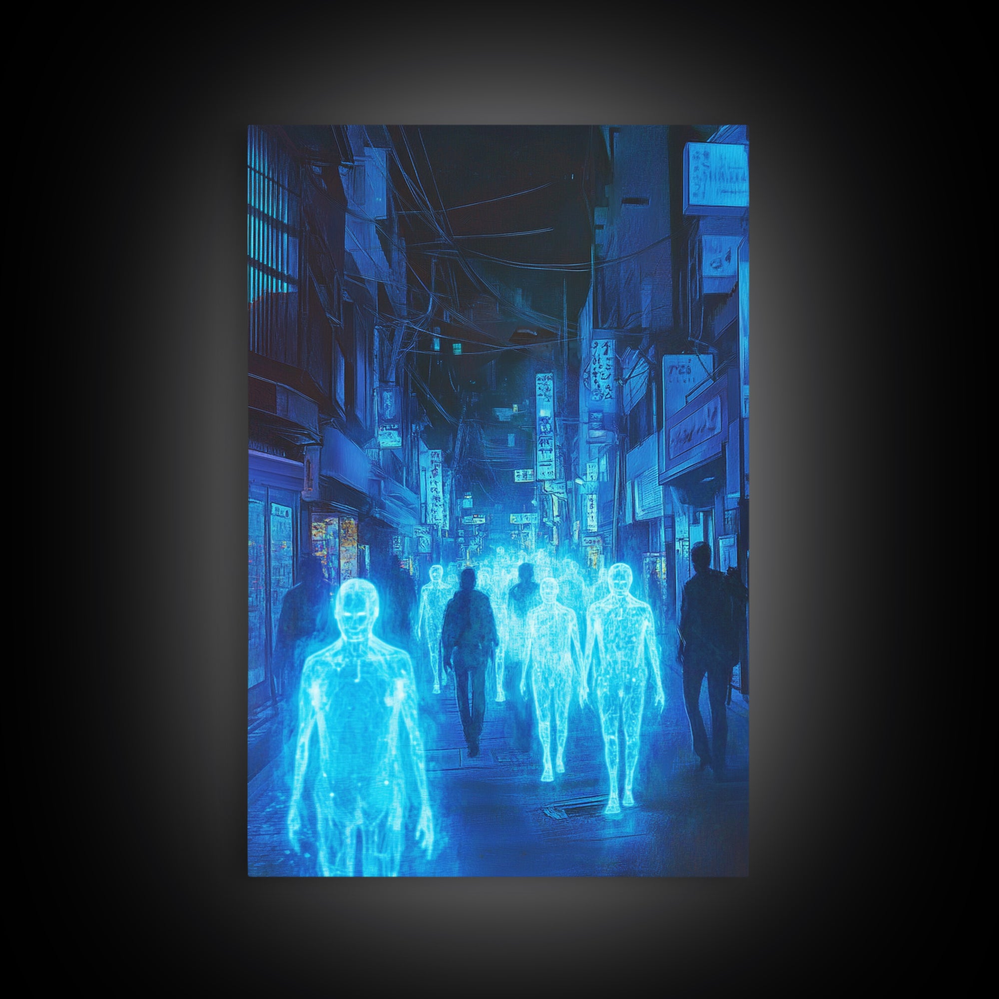 Blue Hologram Figures In Cyberpunk Alley Framed Canvas Print, Neon Wall Art, Sci Fi Cityscape, Gaming Room Decor, Futuristic Decor