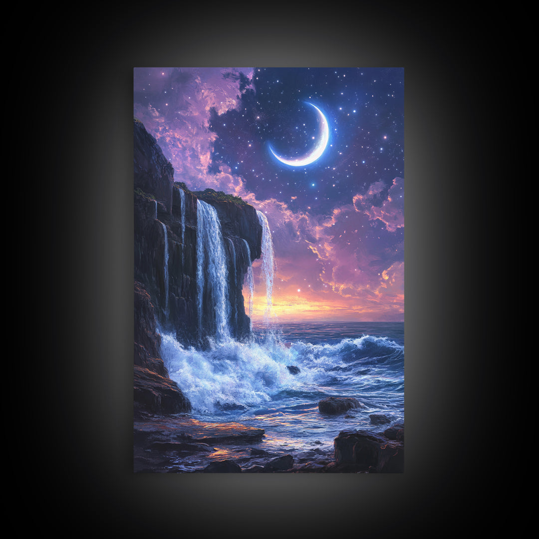 Crescent Moon Waterfall Ocean Canvas Print, Celestial Wall Art, Fantasy Seascape, Coastal Bedroom Decor, Starry Night Sky, Gift For Her