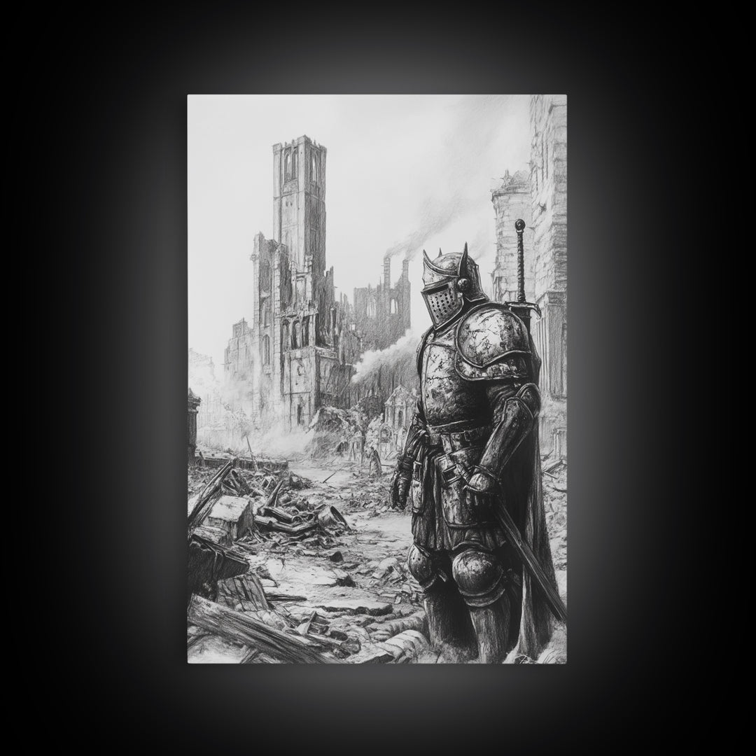 Black And White Armored Knight In Ruined Gothic City Wall Art, Dark Fantasy Medieval Warrior Print For Office Decor