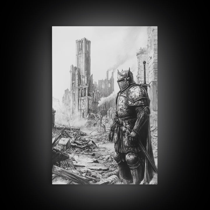 Black And White Armored Knight In Ruined Gothic City Wall Art, Dark Fantasy Medieval Warrior Print For Office Decor