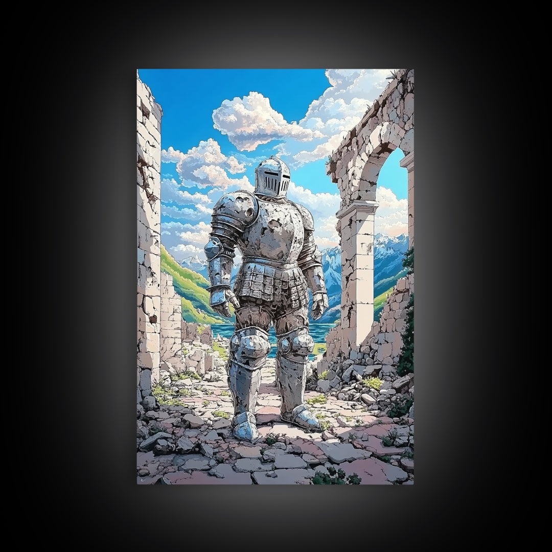 Polished Silver Knight In Alpine Ruins Canvas Print, Fantasy Warrior Mountain Landscape Art For Game Room Decor Gift For Him