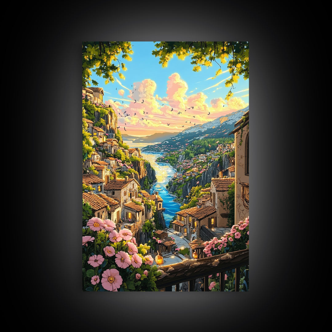 Sunlit Italian Cliff Village With River And Flowers Framed Canvas Print, Mediterranean Landscape Wall Decor Gift For Her