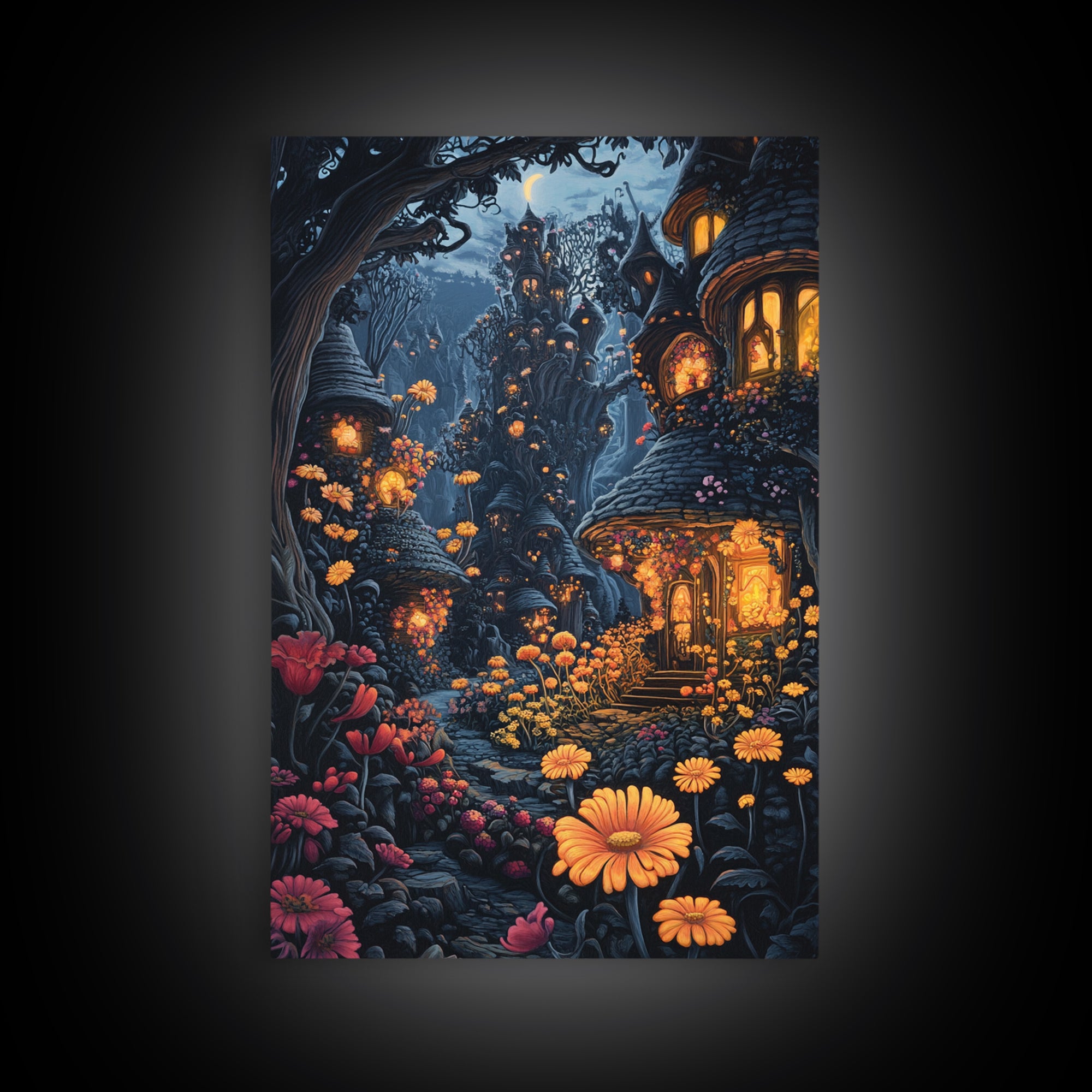 Dark Enchanted Forest Village With Glowing Flower Windows Wall Art, Gothic Fairy Tale Fantasy Canvas Print For Moody Decor