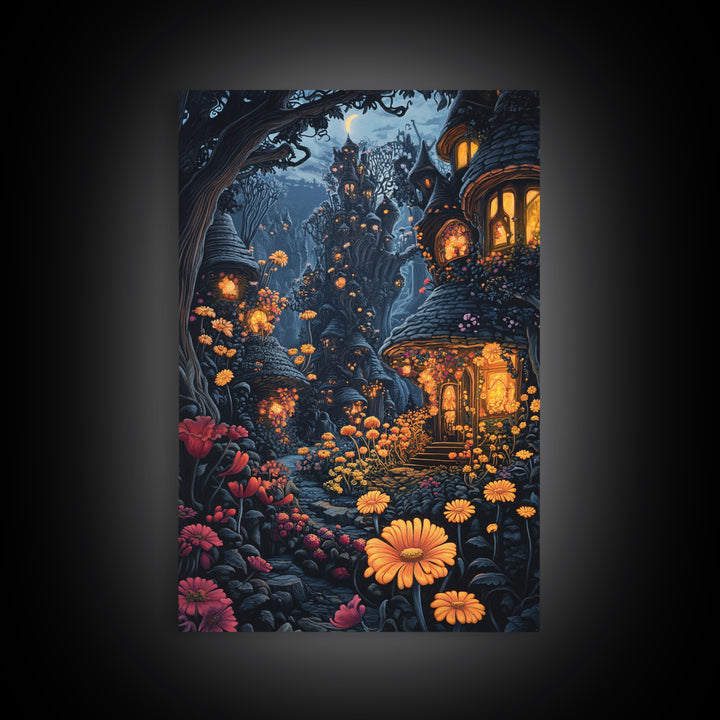 Dark Enchanted Forest Village With Glowing Flower Windows Wall Art, Gothic Fairy Tale Fantasy Canvas Print For Moody Decor