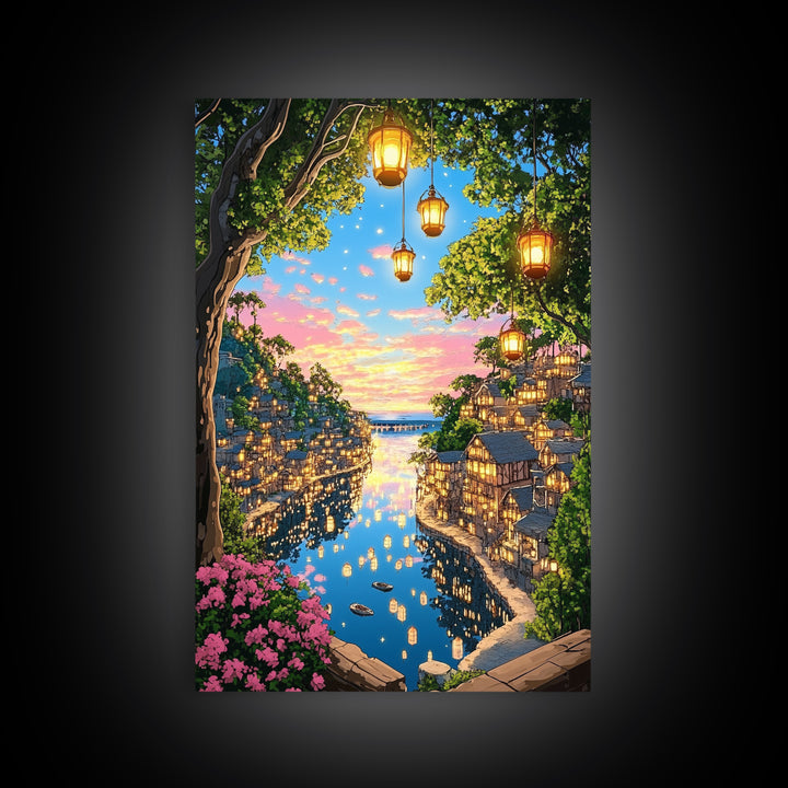 Lantern Lit Sunset Harbor Village Wall Art, Romantic Coastal Landscape Canvas Print For Living Room Decor And Housewarming Gift