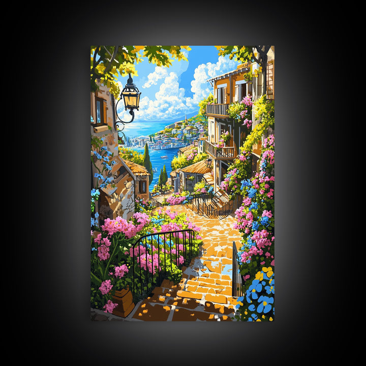 Mediterranean Coastal Stairway With Bougainvillea Canvas Print, Travel Poster Wall Art, Colorful Living Room Decor Housewarming Gift