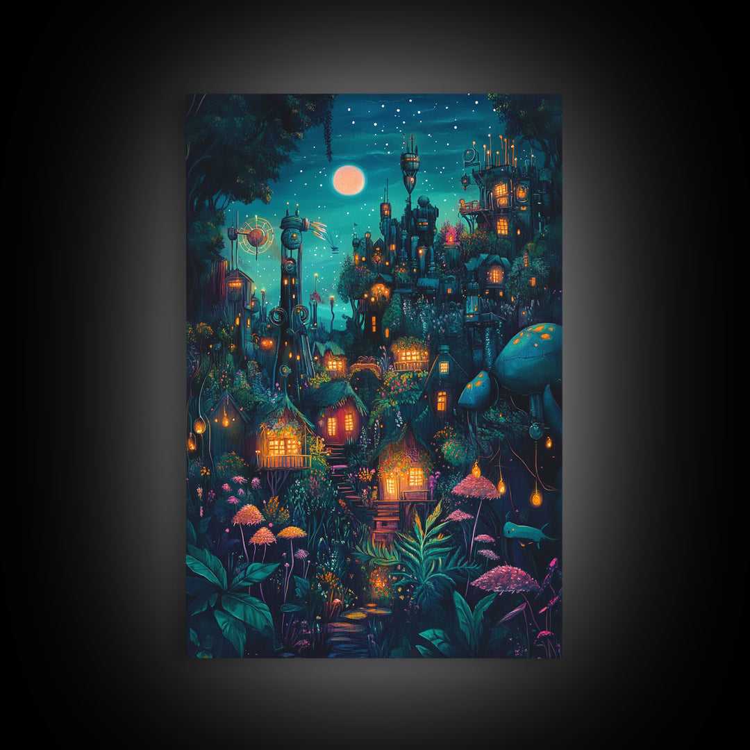 Moonlit Steampunk Mushroom City With Glowing Lanterns Canvas Print, Dark Fantasy Wall Art, Maximalist Decor Gift For Him