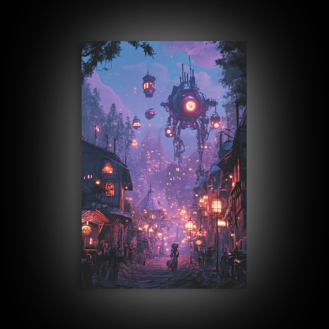 Purple Cyberpunk Village With Floating Machines Canvas Print, Sci Fi Wall Art, Futuristic Gaming Room Decor Gift For Him