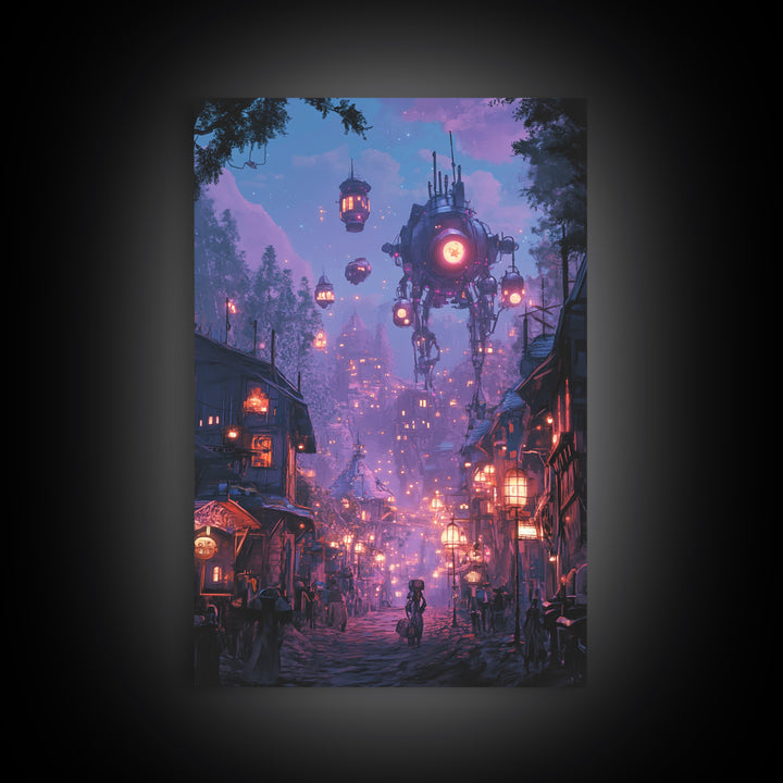 Purple Cyberpunk Village With Floating Machines Canvas Print, Sci Fi Wall Art, Futuristic Gaming Room Decor Gift For Him