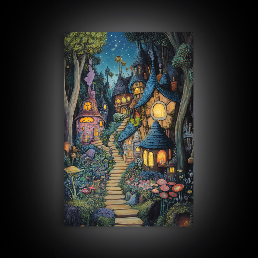 Whimsical Mushroom Fairy Village At Starlit Night Canvas Print, Fairy Tale Wall Art, Nursery Decor Housewarming Gift For Her
