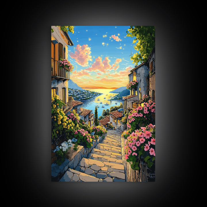 Sunlit Mediterranean Village Stairway Canvas Print, Coastal Wall Art, Italy Decor, Summer Travel Poster, Living Room Decor