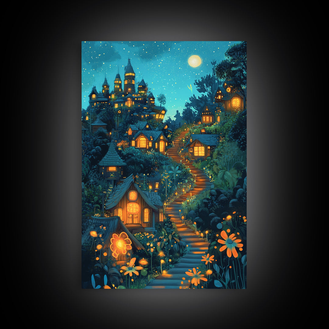 Moonlit Enchanted Village Wall Art, Whimsical Fairy Tale Castle, Fantasy Art Print, Nursery Decor, Cozy Bedroom Wall Decor