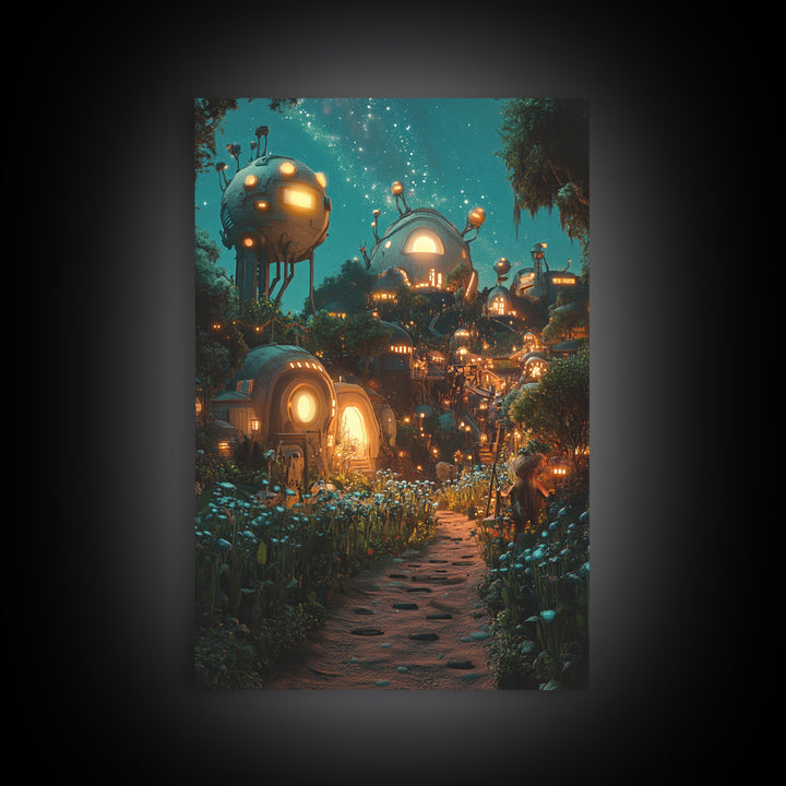 Glowing Futuristic Forest Village Canvas Print, Sci Fi Wall Art, Cyberpunk Decor, Unique Fantasy Landscape, Gaming Room Decor