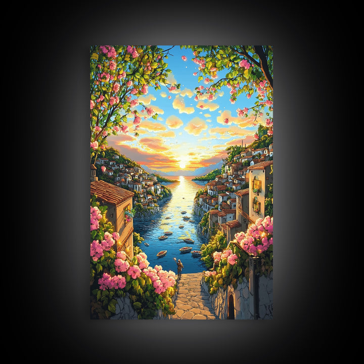 Golden Coastal Canal Village Framed Canvas Print, Mediterranean Wall Art, Italy Travel Poster, Summer Decor, Housewarming Gift
