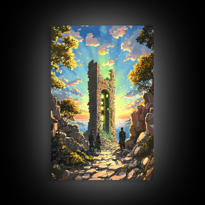 Sunset Ruined Stone Tower Canvas Print, Fantasy Landscape Wall Art, Coastal Castle Poster, Adventure Decor, Living Room Art